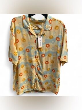 Earthbound Short-Sleeve Floral Print Button Down Yellow/Blue